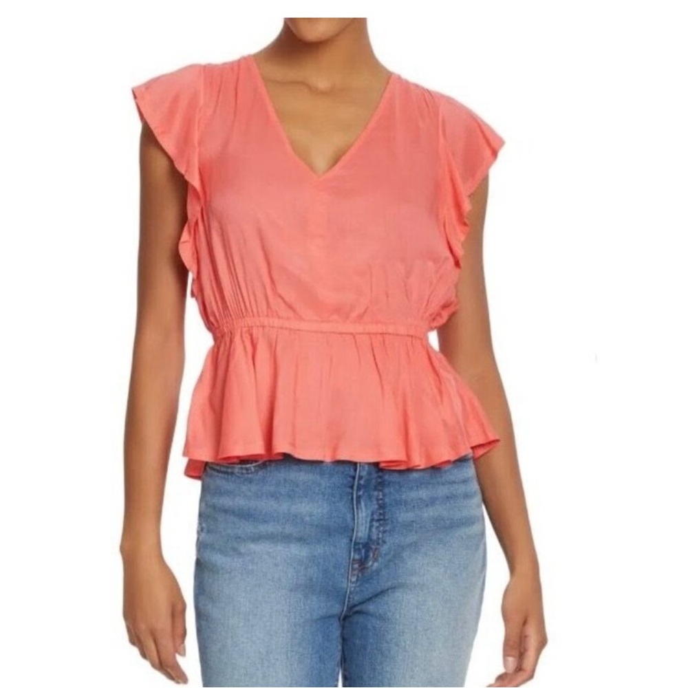 Sam Edelman Crinkle Gauze Blouse S Coral Ruffle Sleeve Resort Beachy Romantic